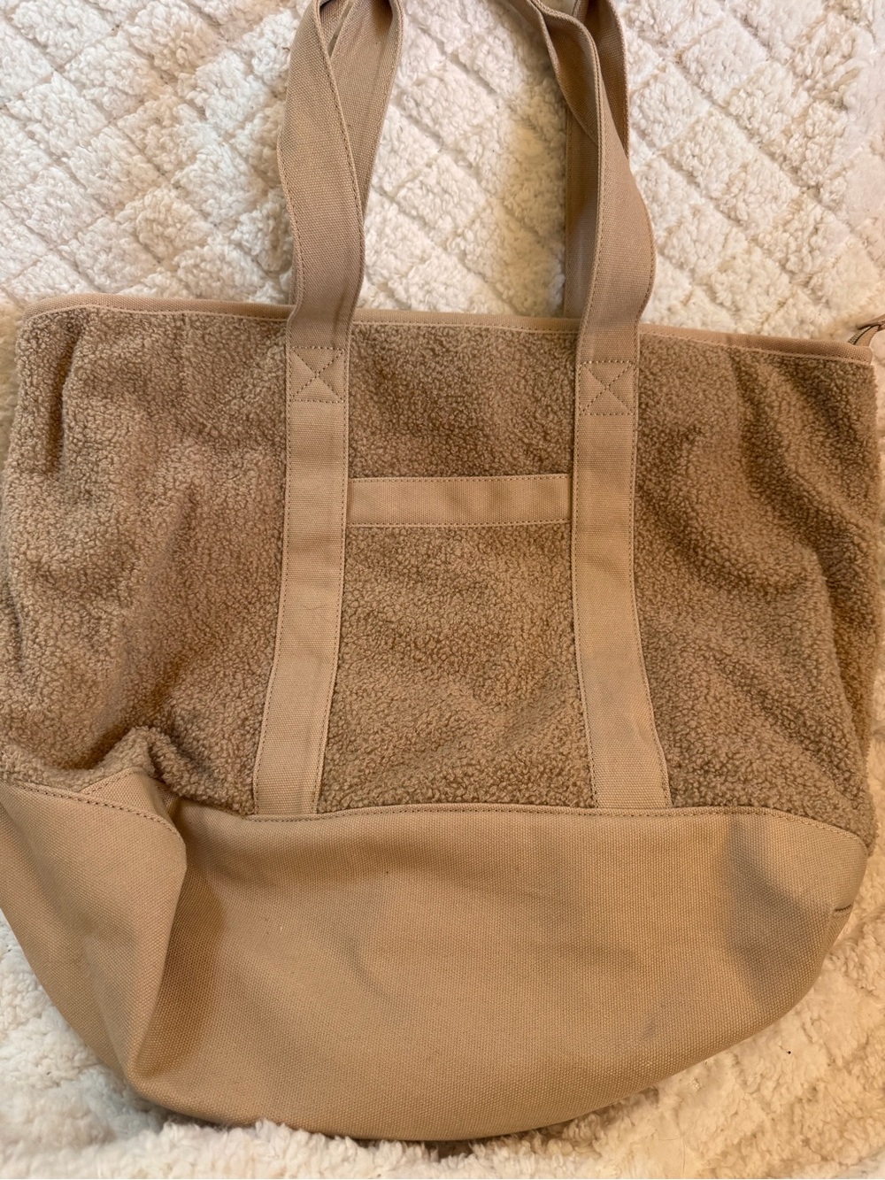 Old Navy Teddy Sherpa Tote Bag Beige Neutral Oversized Zip Carryall One Size